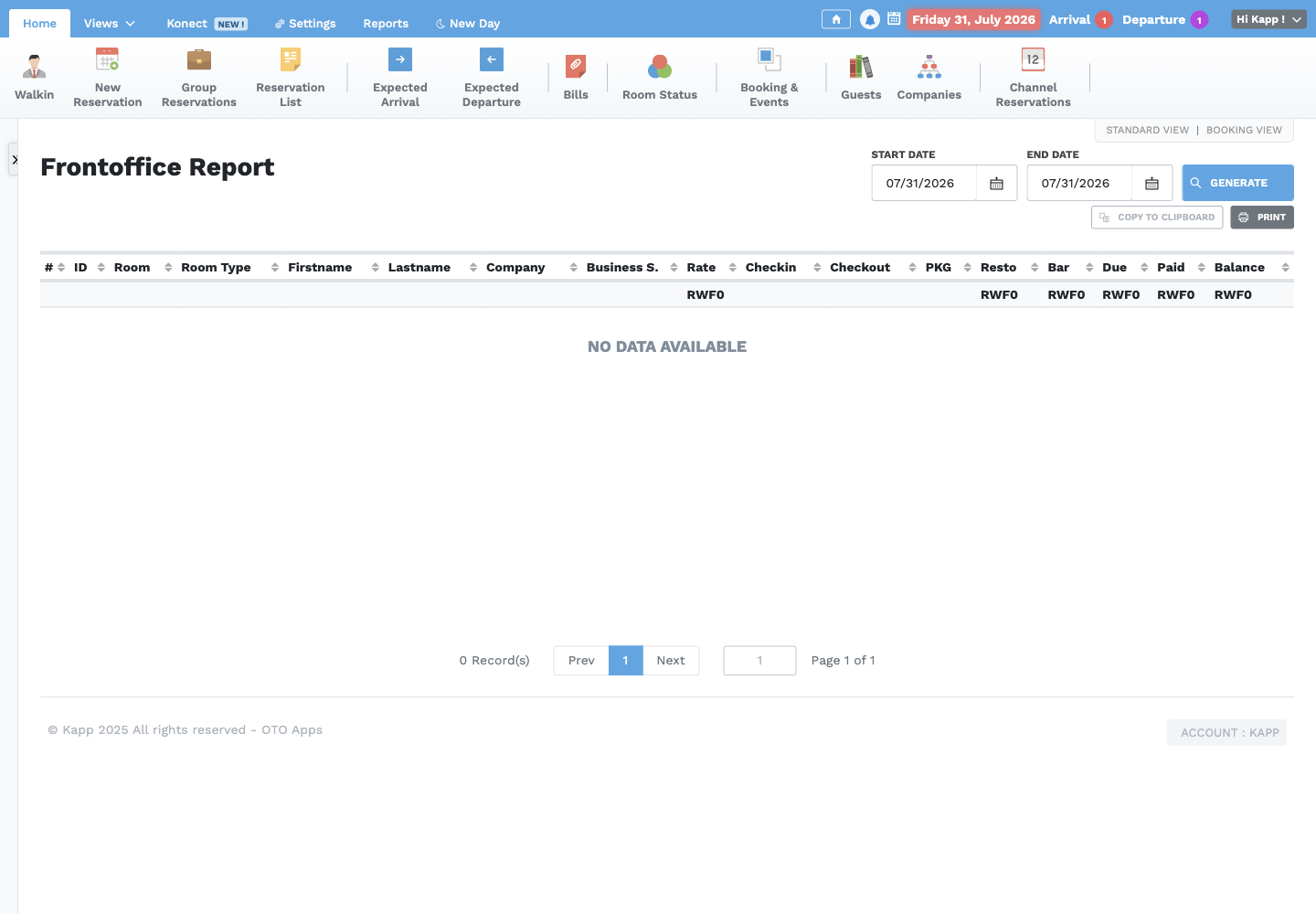 Front Office Control report screen