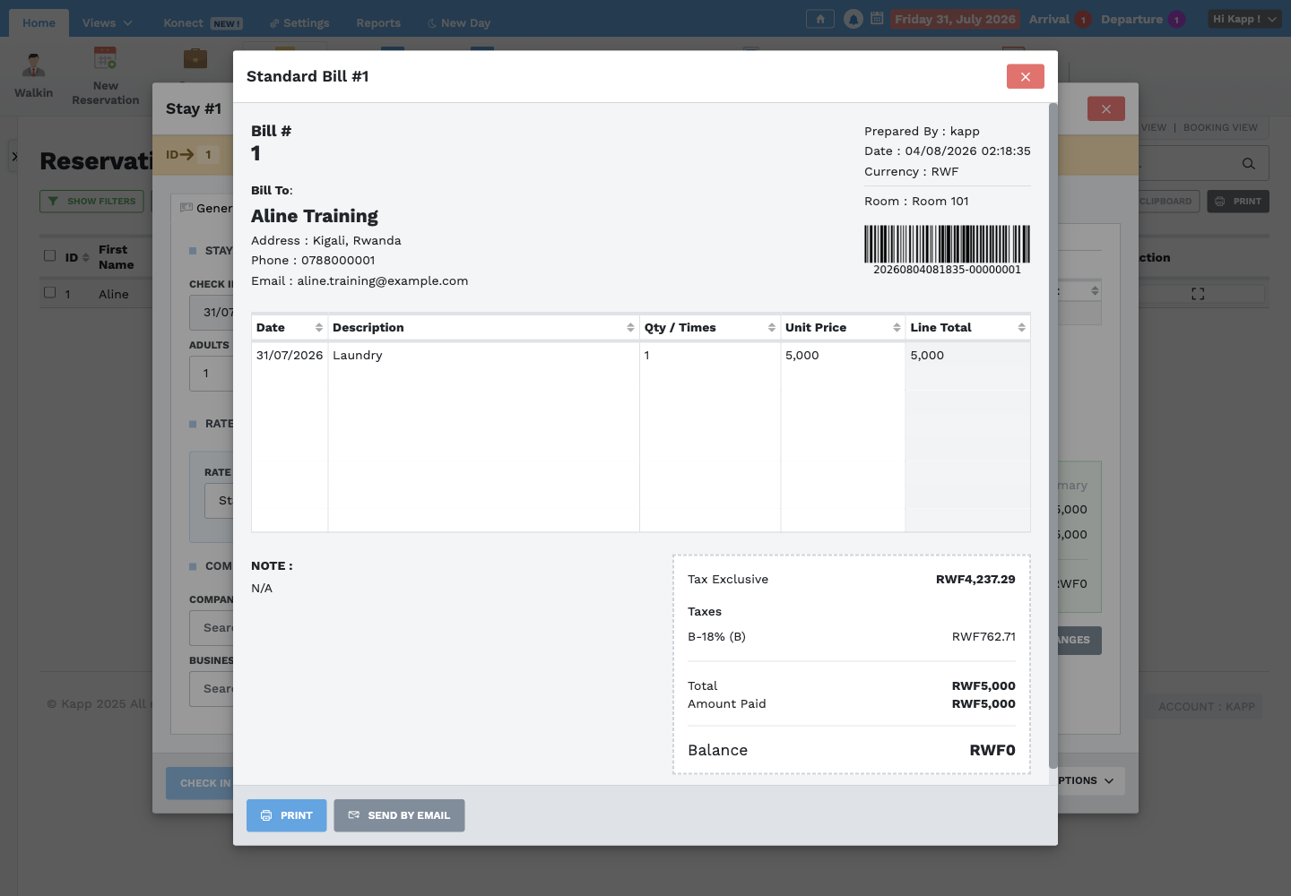 Standard Bill with charges, tax, payment, and balance