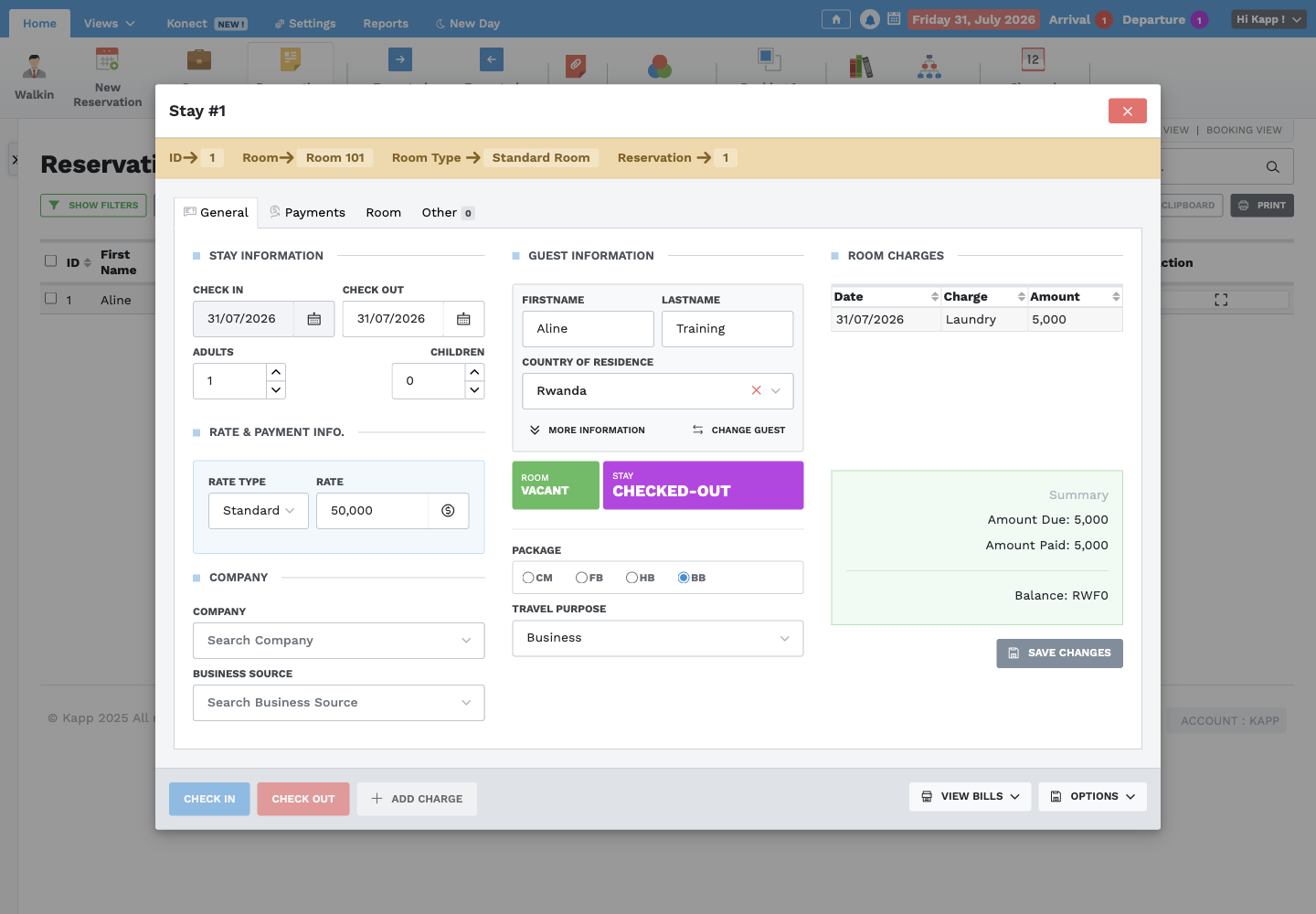 Stay General tab showing guest and room status