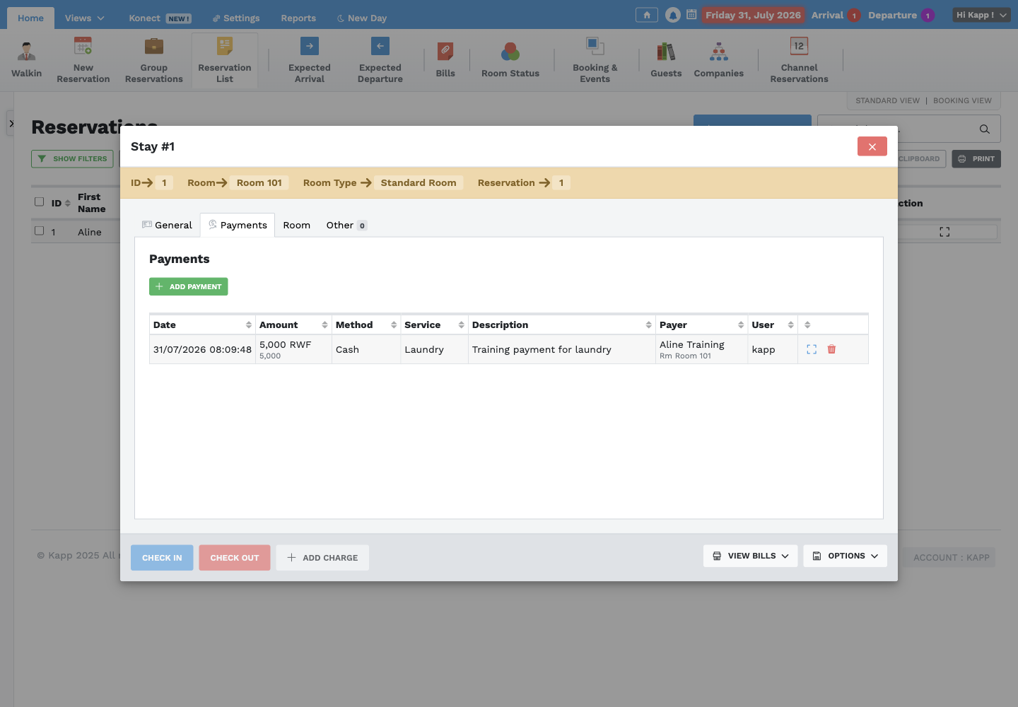 Stay Payments tab with payment evidence