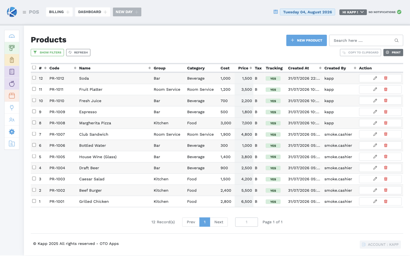 Products list showing product setup fields and actions