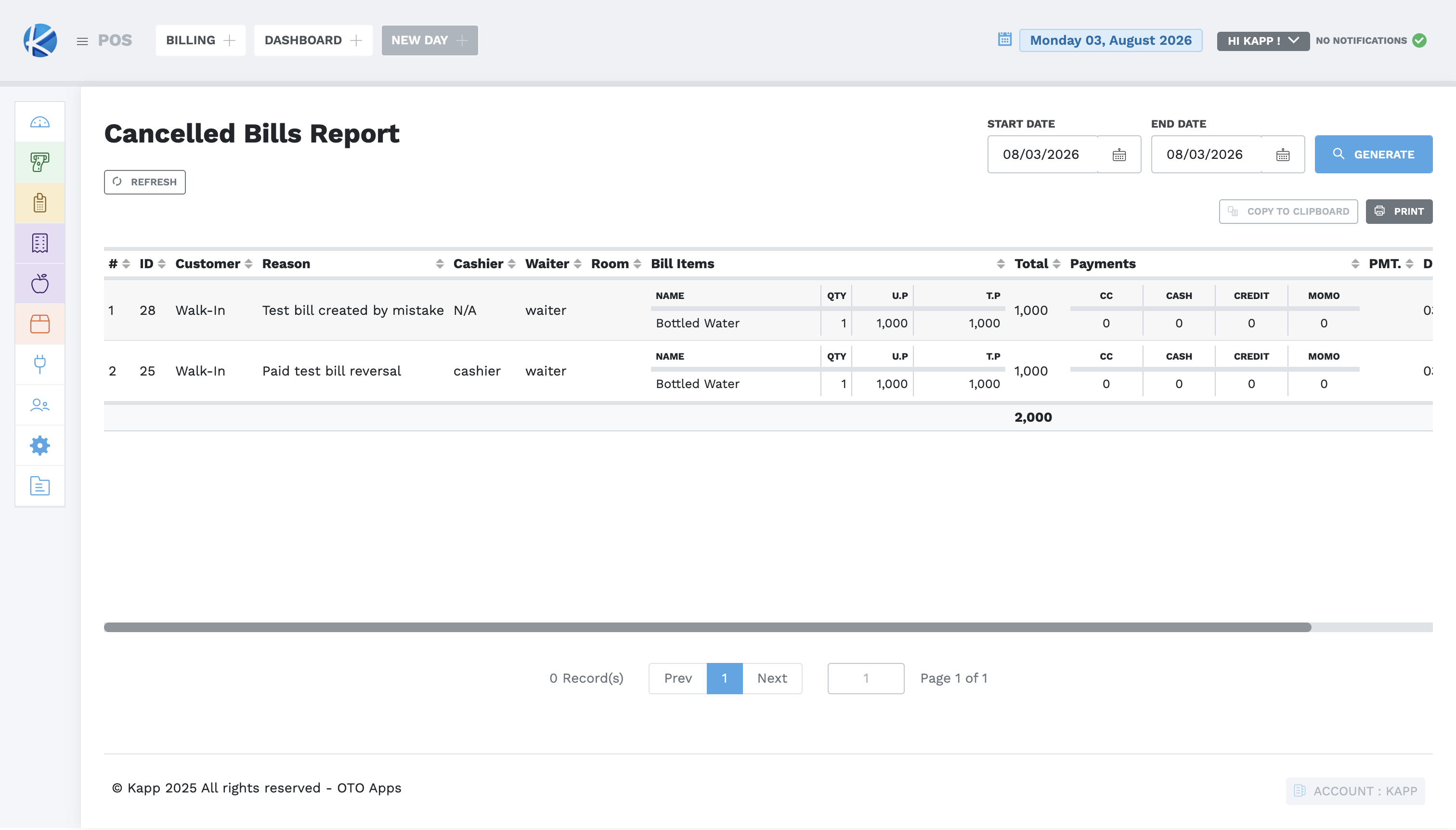 Cancelled Bills report showing the reason and value