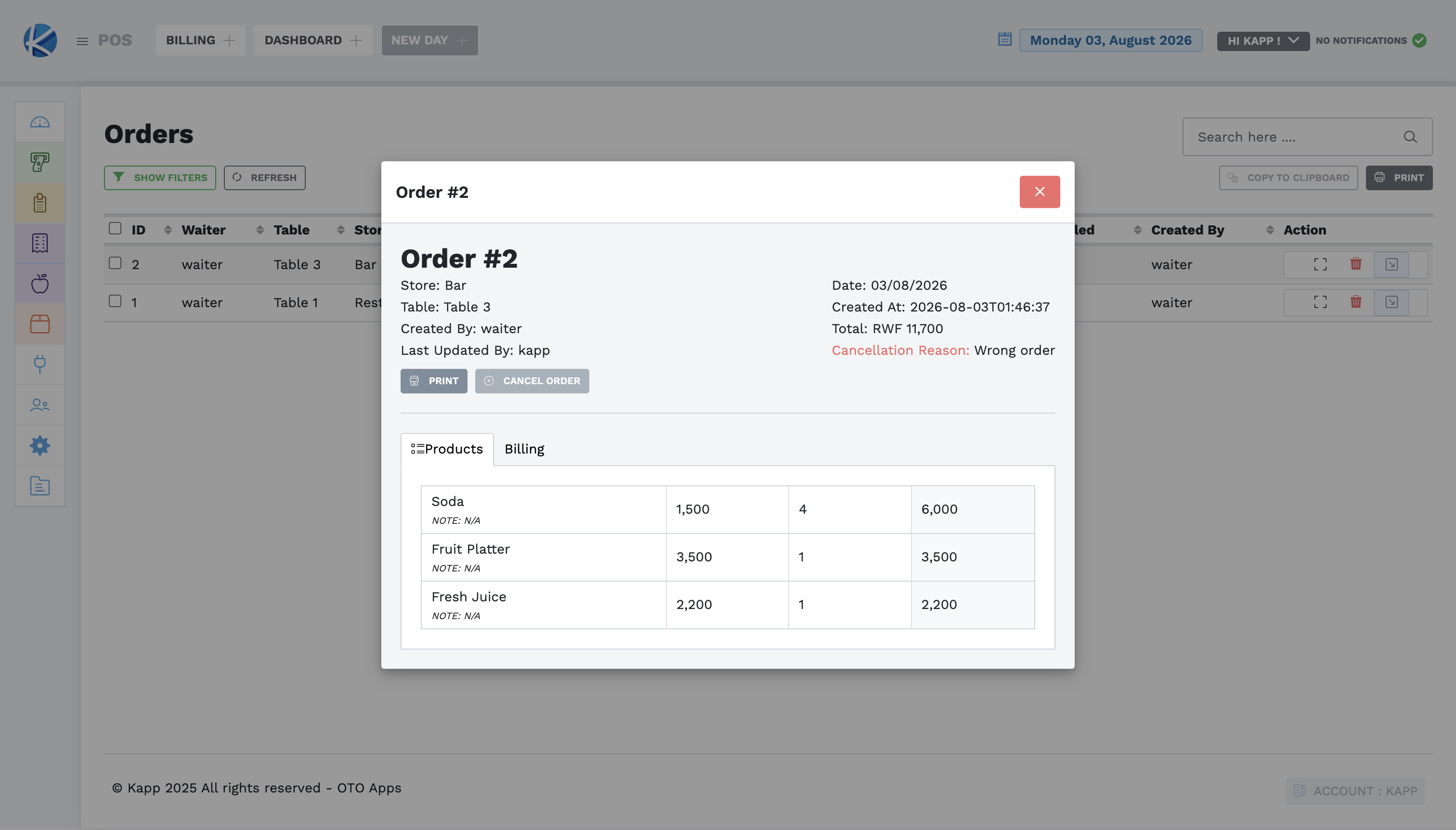 Cancelled order with its saved reason