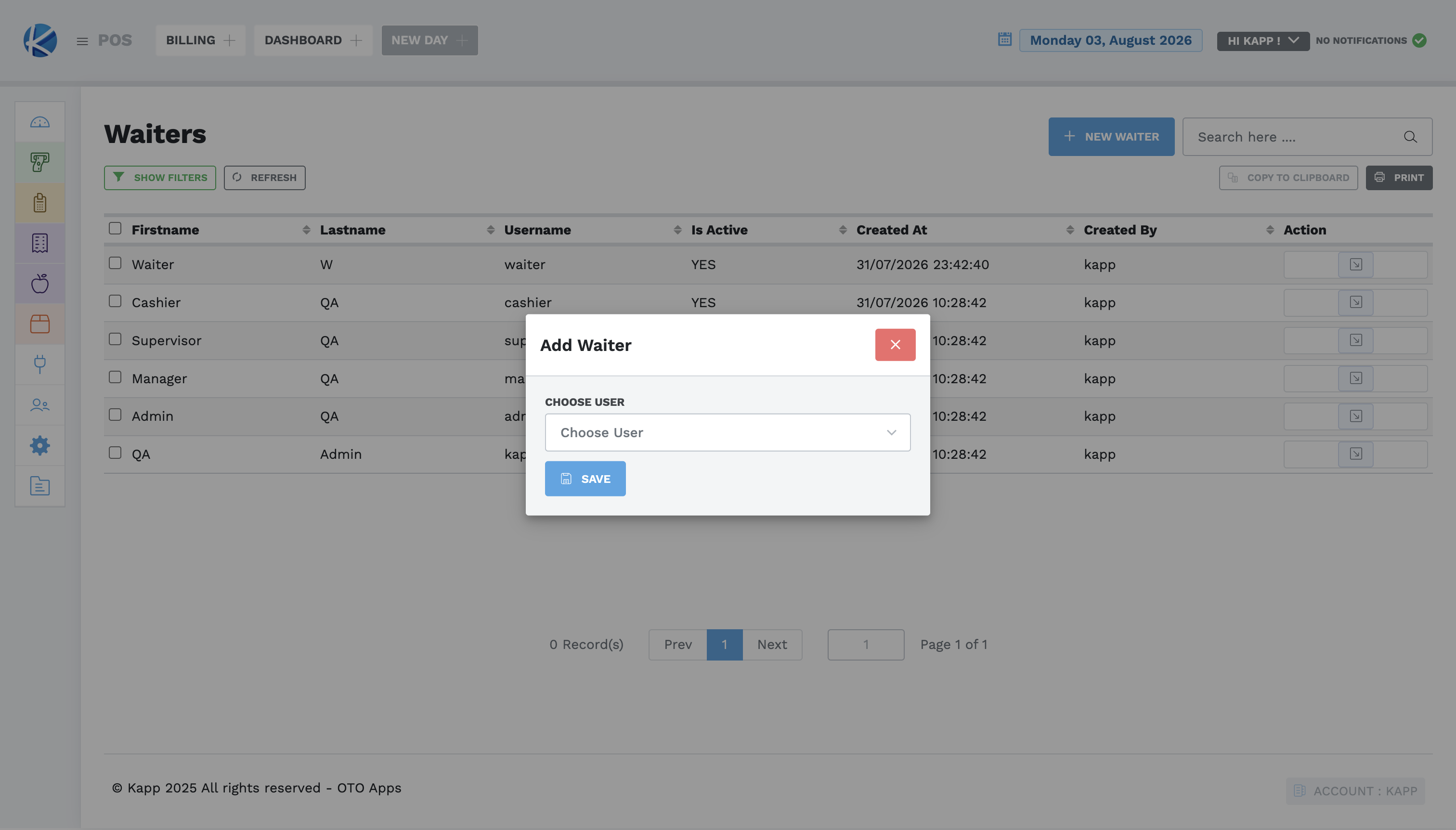 Choosing an approved user to add as a Waiter