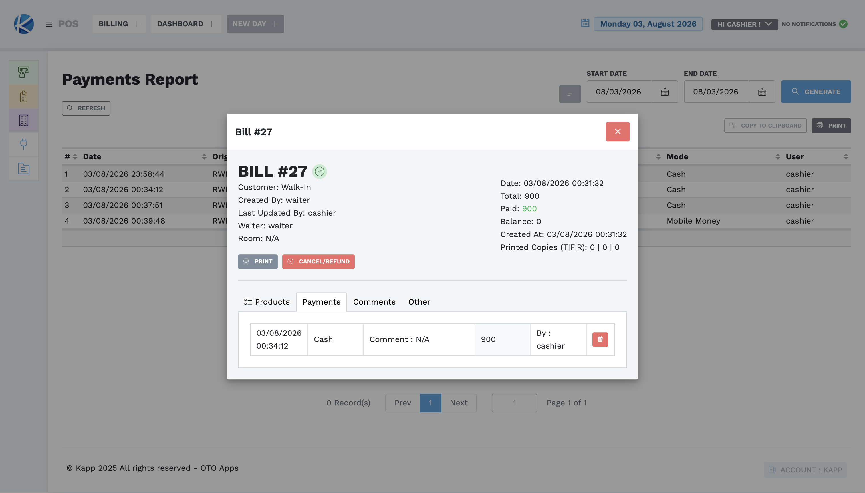 View Bill showing status, totals, print controls, and Payments